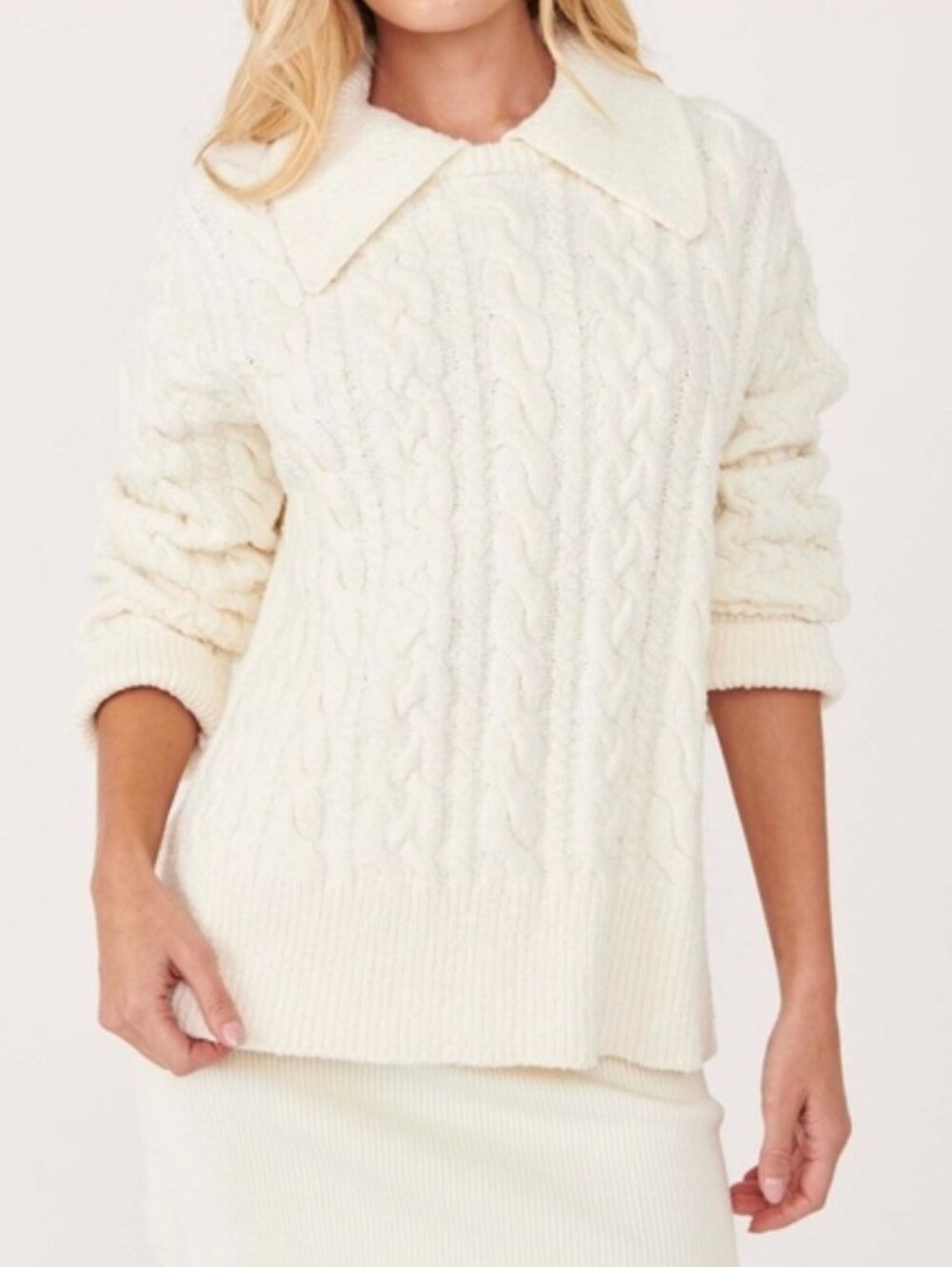 Free People Laurel Cable Knit Sweater Collar Cream XS Slouchy Casual Boho Chic